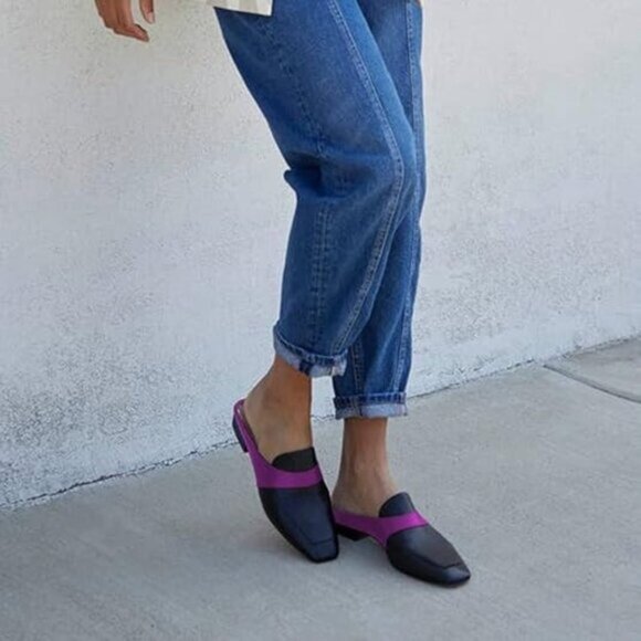 FOWT Shoes - Women Luxury Leather Mules, Closed Square Toe Loafer,Med Chunky Heel Black Shoes